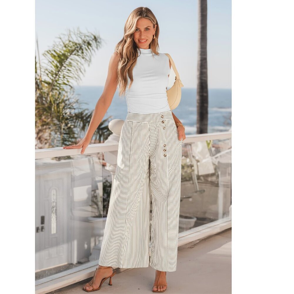 Cupshe Women's XL Striped Wide-Leg Summer Beach Pants Casual brown cream